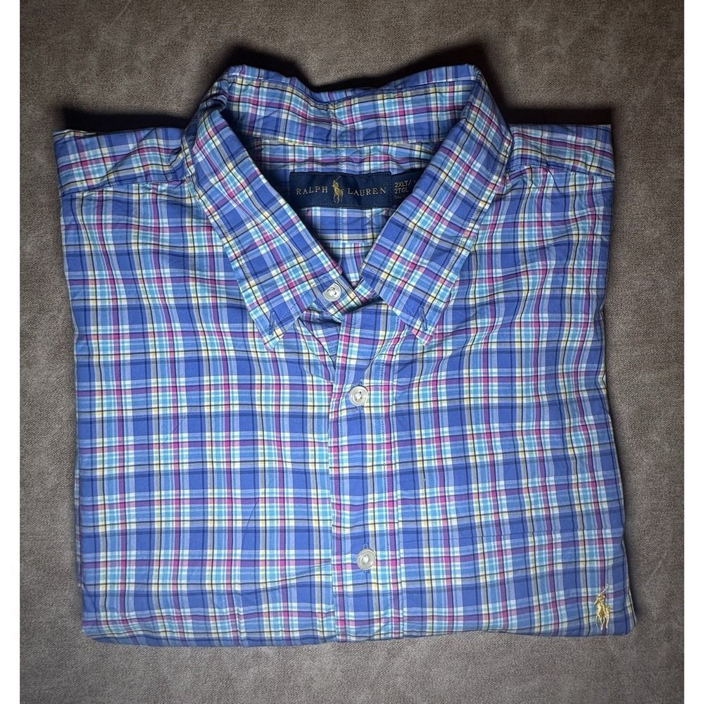 Polo Ralph Lauren Men's Blue Plaid Custom Fit LS Button Down Dress Shirt 2XLT